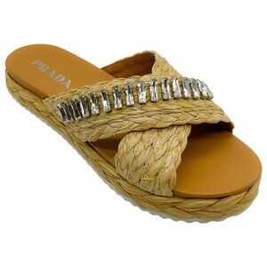 Prada Beige Raffia Crystal Embellished Slide Sandals